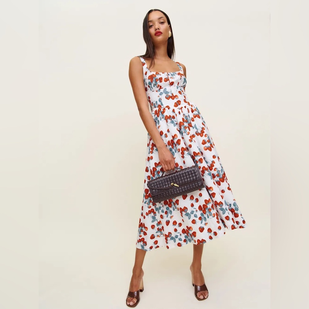 NEW Reformation Balia Midi Linen Dress in Strawberry Jam White Red | size 0 - Picture 2 of 14